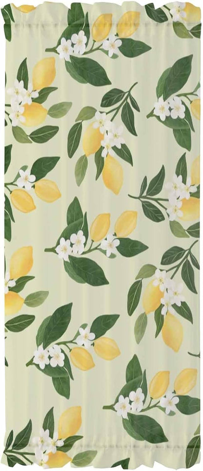 Lemons Leaves French Door Curtain, Summer Fruits Floral Botanical Yellow 25W X 40L Sheer Door Curtains for Doors Windows, Rod Pocket Sidelight Curtains for Front Sliding Doors with Tieback