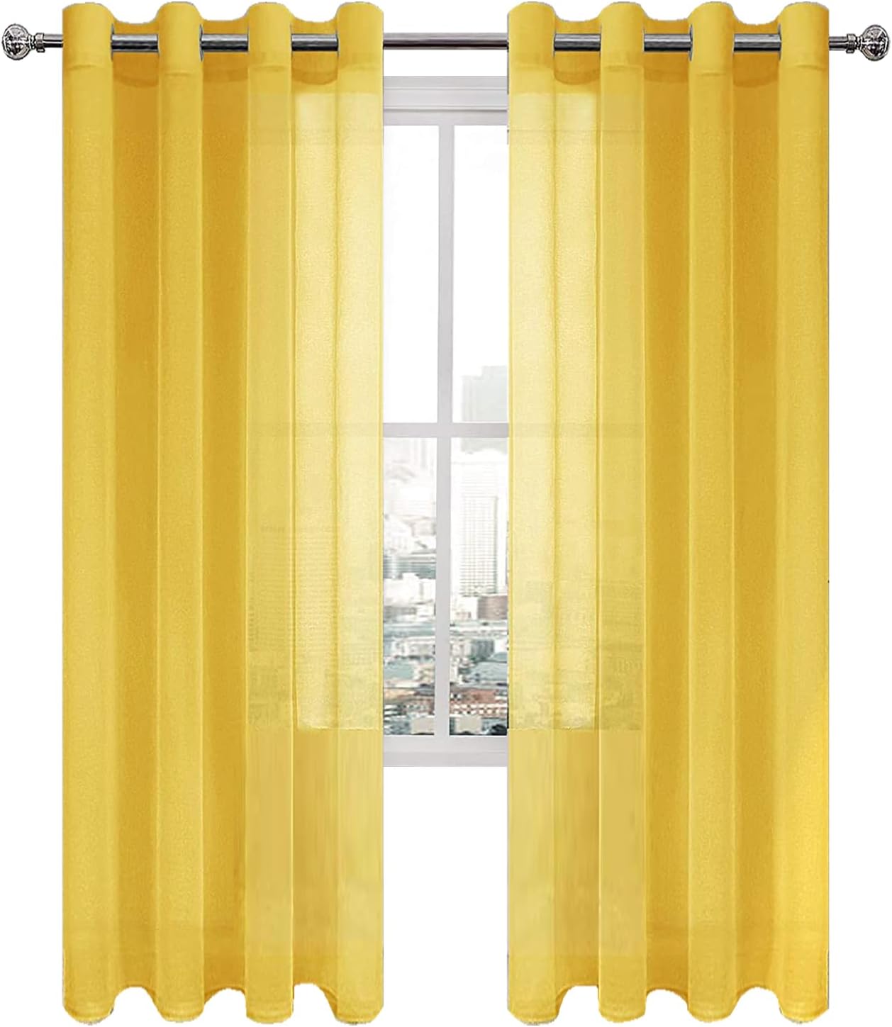 DWCN Yellow Faux Linen Sheer Curtains - Grommet Voile Window Curtain Drapes for Bedroom Living Room 52 x 84 inches Long, Set of 2