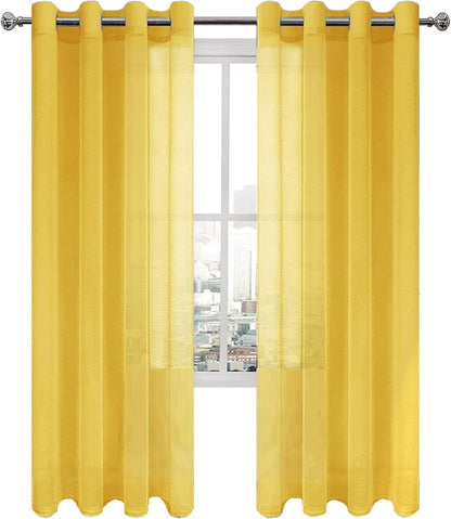 DWCN Yellow Faux Linen Sheer Curtains - Grommet Voile Window Curtain Drapes for Bedroom Living Room 52 x 84 inches Long, Set of 2
