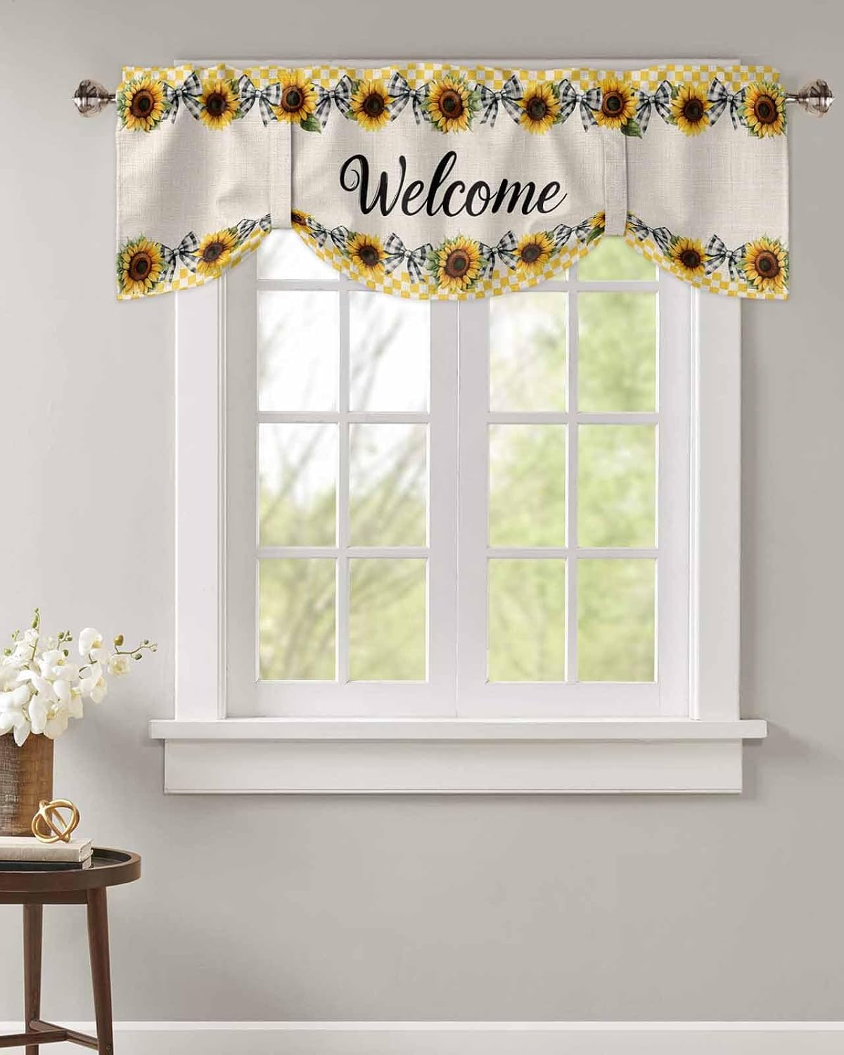 Sunflower Tie Up Valances for Windows, Welcome Bow Yellow Buffalo Plaid Rustic Linen Rod Pocket Tie-up Valance Curtains, Adjustable Short Window Treatment for Kitchen Living Room Bathroom 54”x18”