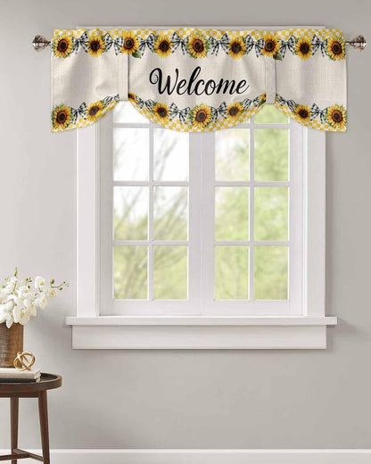 Sunflower Tie Up Valances for Windows, Welcome Bow Yellow Buffalo Plaid Rustic Linen Rod Pocket Tie-up Valance Curtains, Adjustable Short Window Treatment for Kitchen Living Room Bathroom 54”x18”