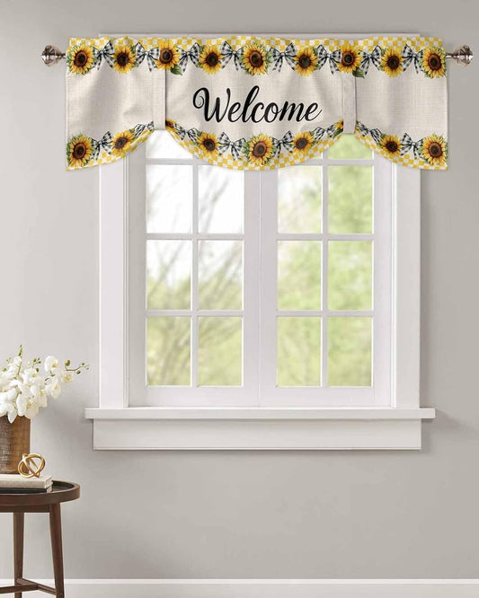 Sunflower Tie Up Valances for Windows, Welcome Bow Yellow Buffalo Plaid Rustic Linen Rod Pocket Tie-up Valance Curtains, Adjustable Short Window Treatment for Kitchen Living Room Bathroom 54”x18”