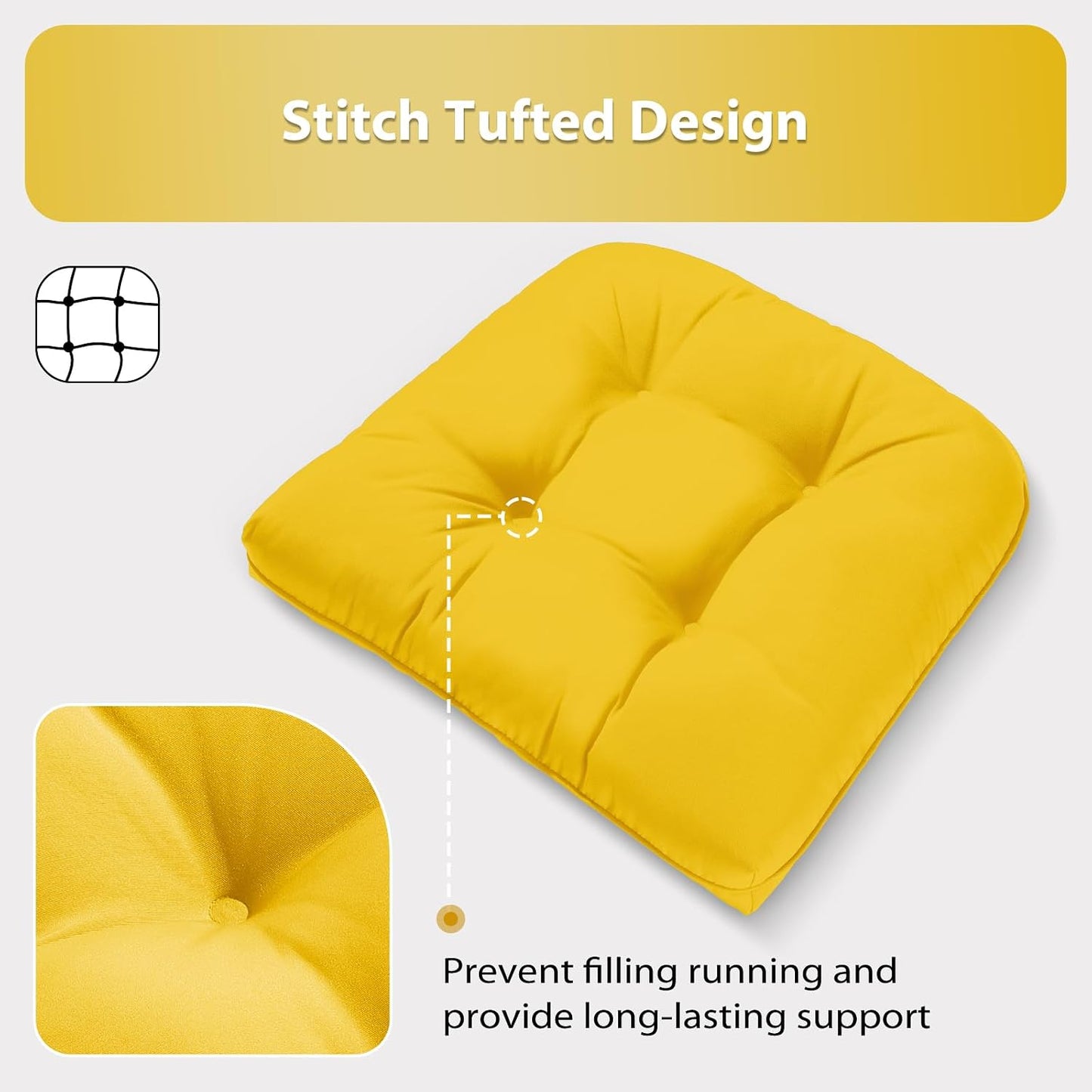 19x19 Outdoor Chair Cushions Set of 2, Tufted Wicker Patio Furniture Cushions, Thick Outdoor Seat Cushions for Lawn Chairs, Overstuffed and Water Resistant, Yellow
