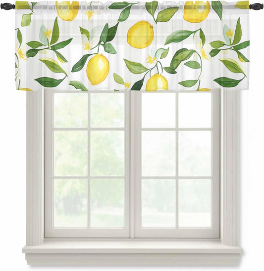 Watercolor Yellow Sheer Curtain 18 Inch Long Green Lemon Plant Leaf Country Light Filtering Rod Pocket Voile Curtain Valance for Bedroom Kitchen Cafe Window 54" W x 18" L