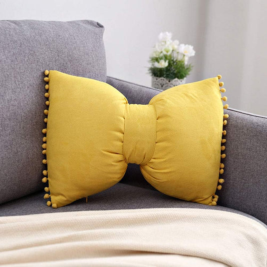 Velvet Throw Pillow Pompoms Decorative Solid Color Cute Bowknit Small Lumbar Cushion with Insert for Girl's Bedroom Sofa Couch (14"x20",Lemon Yellow)
