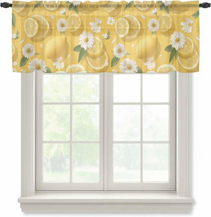 Yellow Lemon Summer Sheer Curtain 18 Inch Long White Daisy Farmhouse Flowers Country Fruit Light Filtering Rod Pocket Voile Curtain Valance for Bedroom Kitchen Cafe Window 54" W x 18" L