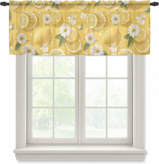 Yellow Lemon Summer Sheer Curtain 18 Inch Long White Daisy Farmhouse Flowers Country Fruit Light Filtering Rod Pocket Voile Curtain Valance for Bedroom Kitchen Cafe Window 54" W x 18" L