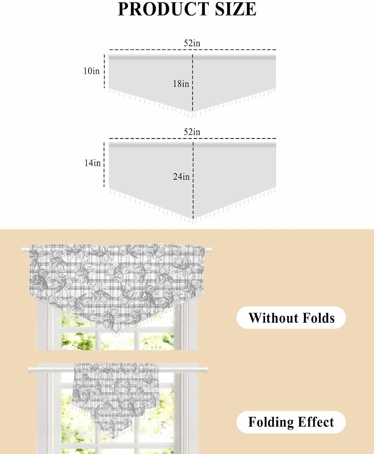Daleng Beaded Sheer Valances for Windows Hand Painted Summer Lemon Flowers Grey Plaid Rod Pocket Triangle Valance Curtains 1 Pieces Tassels Voile Swag Curtains for Living Room Bedroom, 52x18 Inch