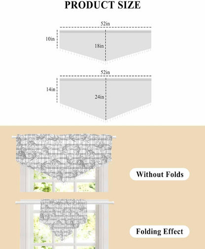 Daleng Beaded Sheer Valances for Windows Hand Painted Summer Lemon Flowers Grey Plaid Rod Pocket Triangle Valance Curtains 1 Pieces Tassels Voile Swag Curtains for Living Room Bedroom, 52x18 Inch
