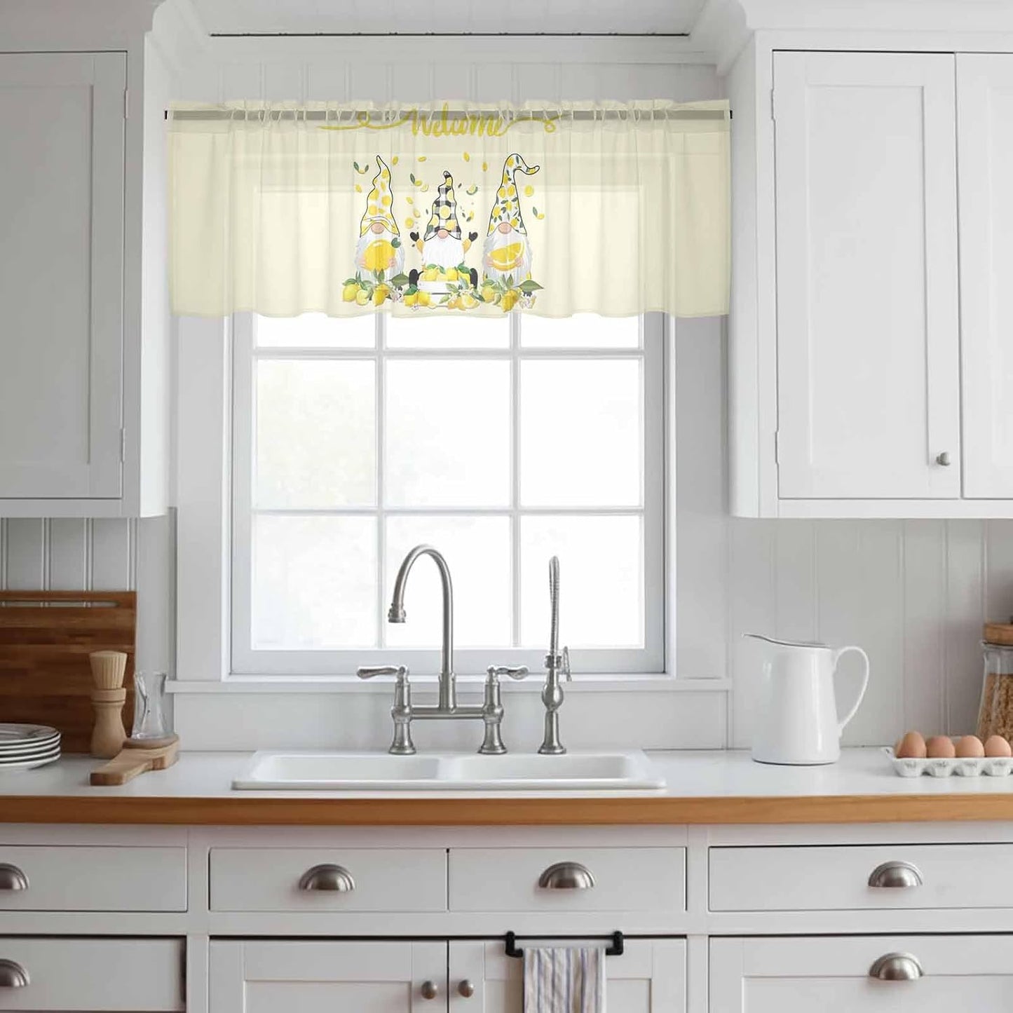 Lemon Dwarf Sheer Valance Curtains, Welcome Green Leaf Summer Yellow Background Light Filtering Kitchen Valances Rod Pocket Voile Curtain Window Treatment for Bedroom/Living Room/Basement 54Wx18L