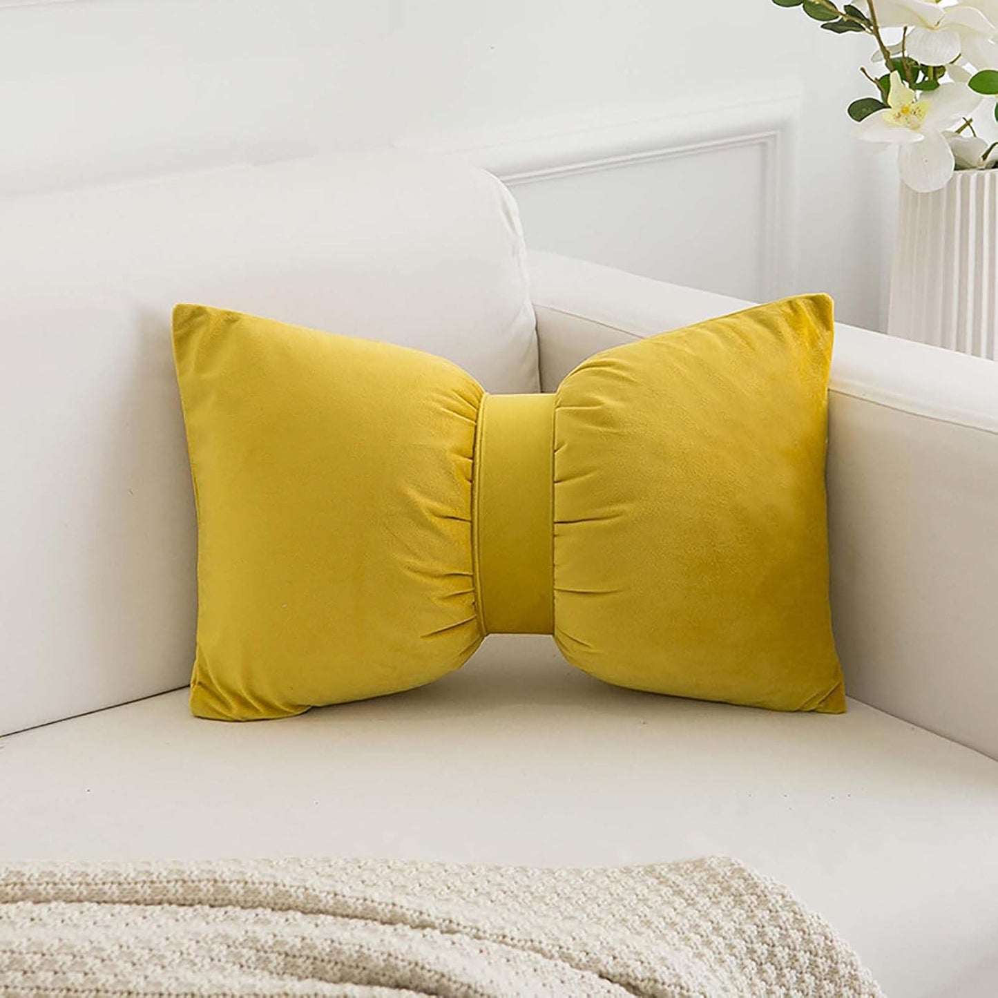 Bow Pillow Throw Velvet Bow Shaped Removable Cover Soft Lumbar Pillow Decorative Throw for Living Room Couch Bed Sofa Car Decoration,Yellow
