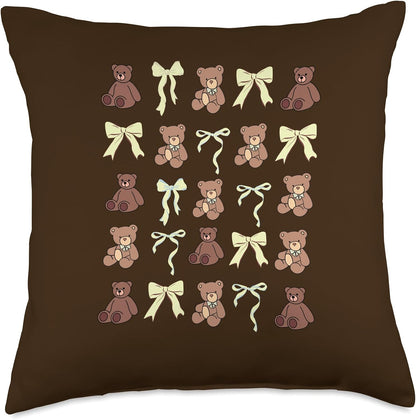 Preppy Teddy Bears Yellow Bows Coquette Girly Aesthetic Throw Pillow