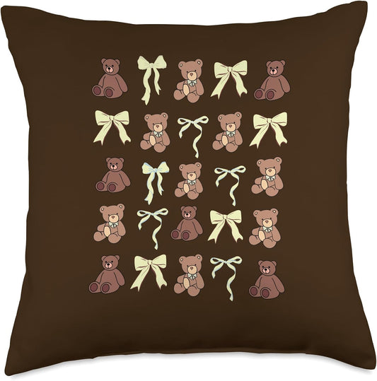 Preppy Teddy Bears Yellow Bows Coquette Girly Aesthetic Throw Pillow