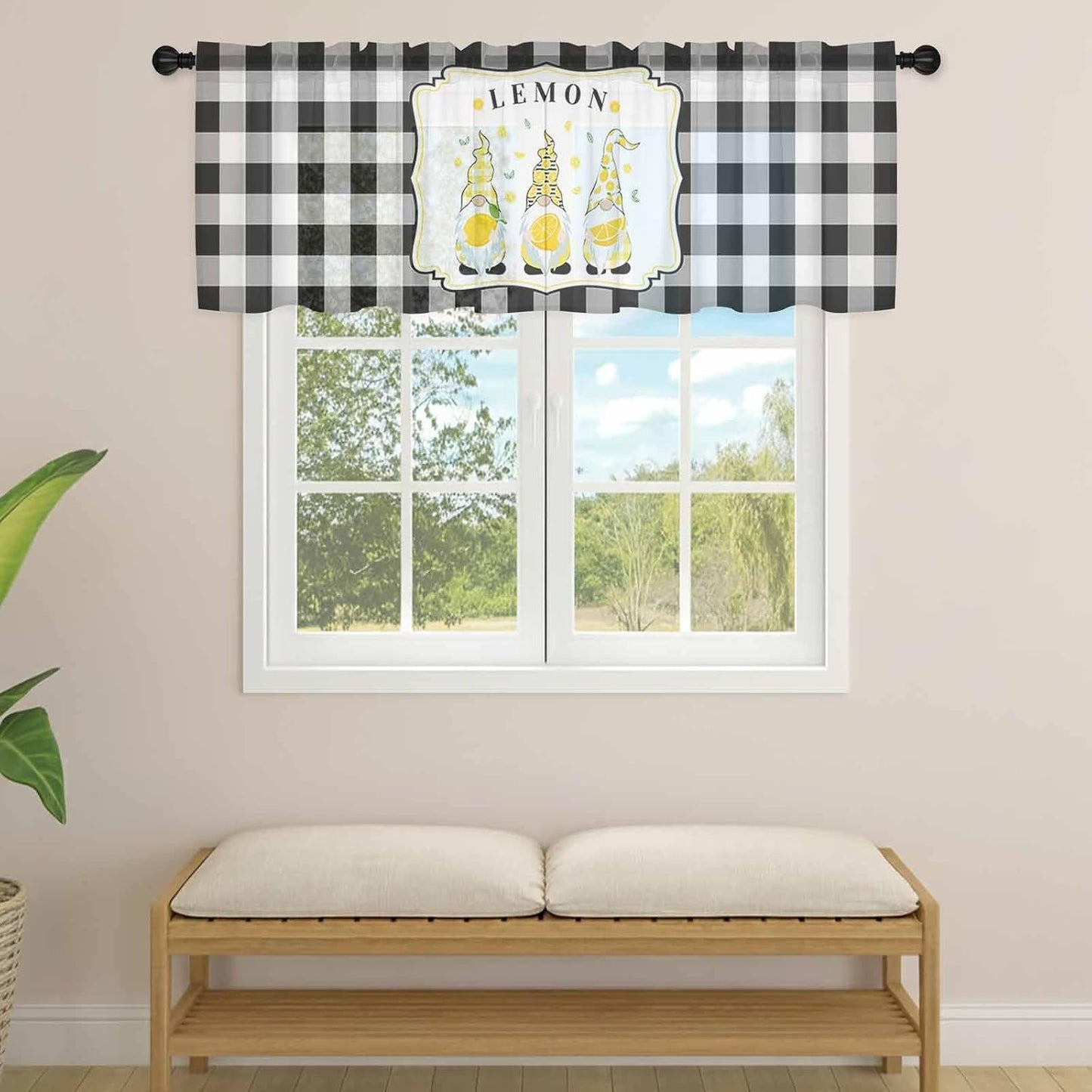 Sheer Valances for Windows Lemon Gnome Summer Fruit Plant Window Valances Rod Pocket Buffalo Check Plaid Window Treatment Sheer Curtains for Kitchen Living Room Bedroom Bathroom 54x18in