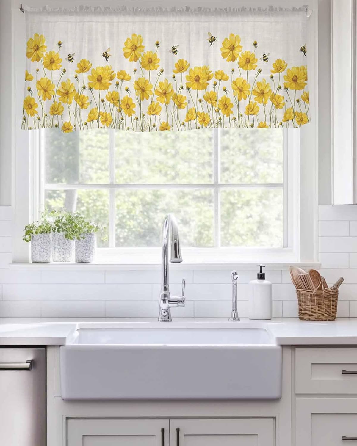 Yellow Daisy Floral Sheer Valance Curtains for Kitchen Living Room Decor, Honey Bee Rustic Flowers Semi Sheer Curtain Voile Valance Rod Pocket Window Treatment Short Curtain Panel 54"x18"