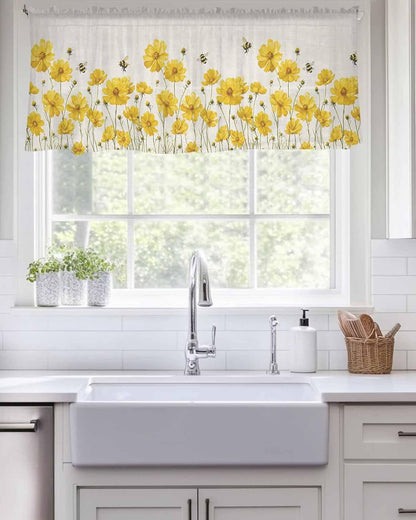 Yellow Daisy Floral Sheer Valance Curtains for Kitchen Living Room Decor, Honey Bee Rustic Flowers Semi Sheer Curtain Voile Valance Rod Pocket Window Treatment Short Curtain Panel 54"x18"