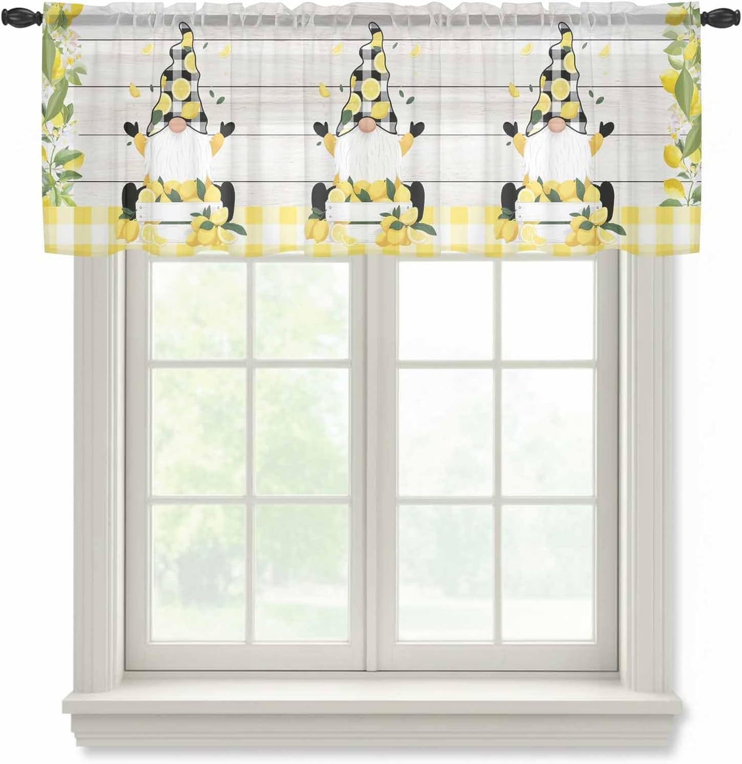 Lemon Dwarfs Sheer Valance Curtains, Gnome Green Leaf Wood Striped Black Plaid Light Filtering Kitchen Valances Rod Pocket Voile Curtain Window Treatment for Bedroom/Living Room/Basement 54Wx18L