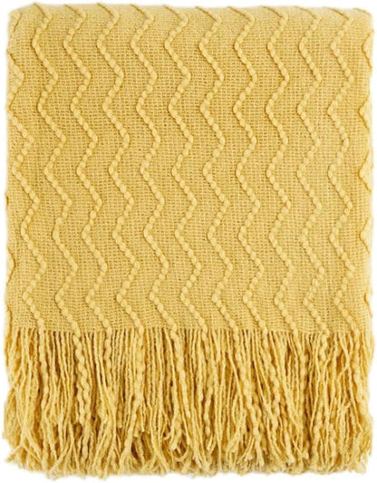 BATTILO HOME Yellow Throw Blanket for Couch, Textured Soft Gold Throw Blankets, Decorative Knitted Mustard Blanket for Sofa Bed Living Room, 50"x60"