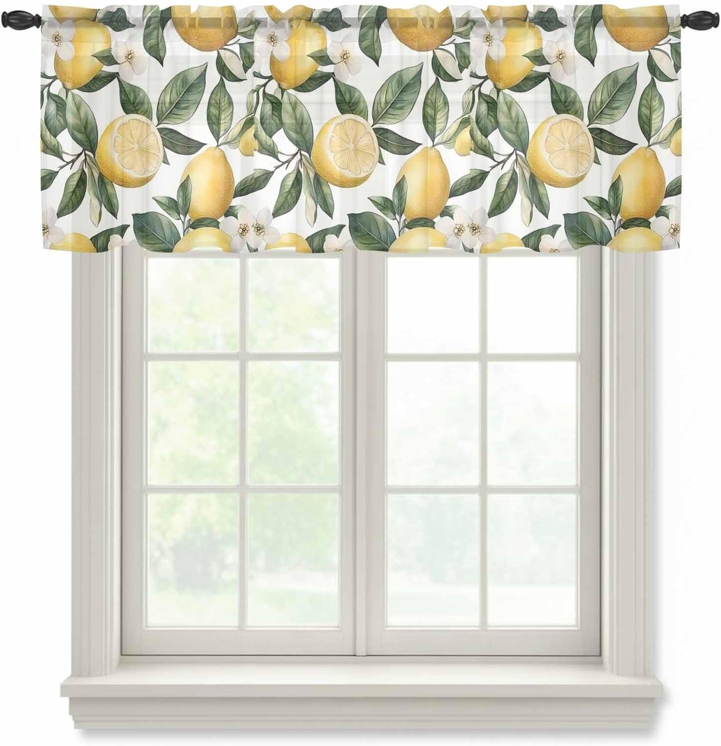 Summer Lemon Sheer Curtain 18 Inch Long Flower Leaves Light Filtering Rod Pocket Voile Curtain Valance for Bedroom Kitchen Cafe Window 54" W x 18" L