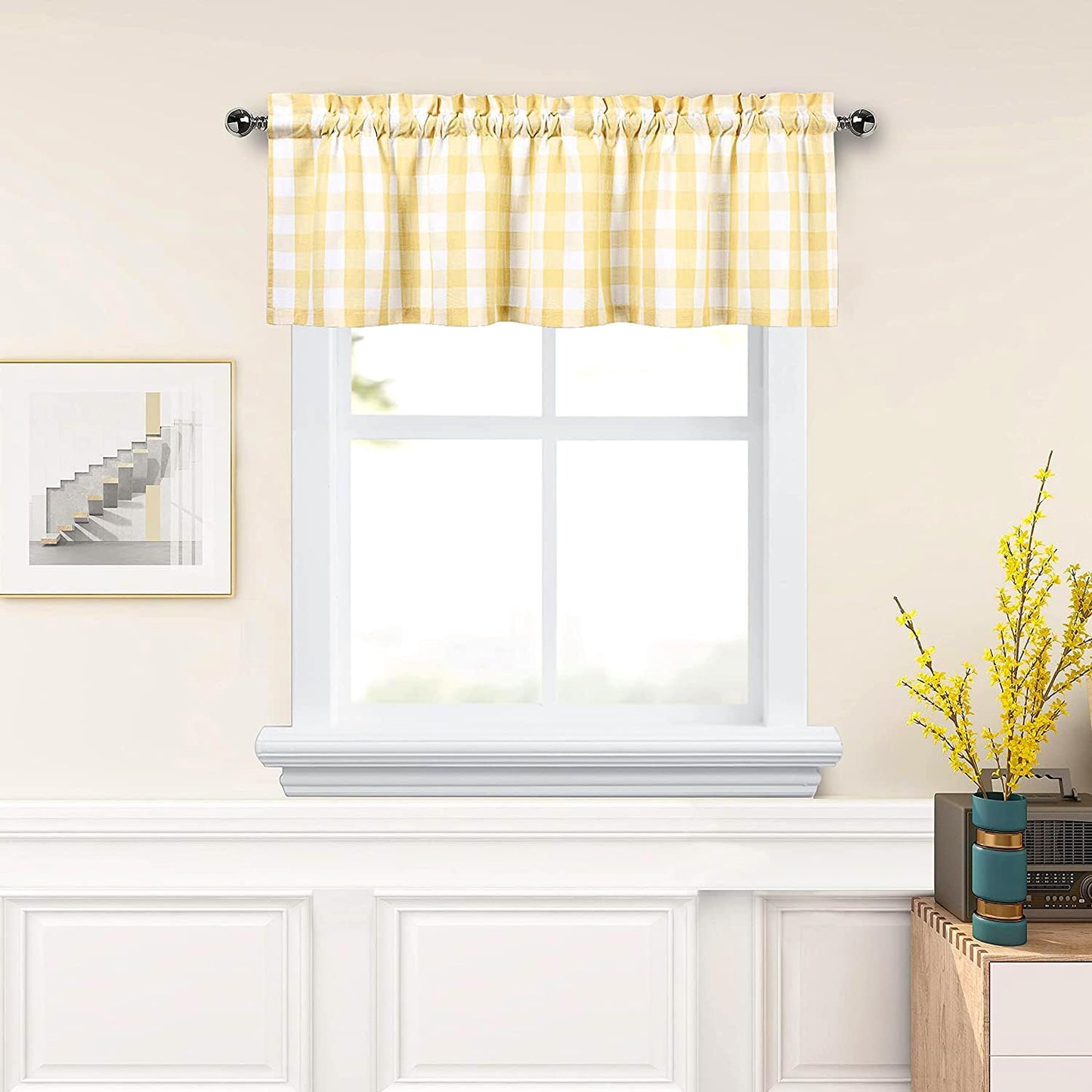 Amzdecor Yellow White Buffalo Plaid Valance Linen Sheer Cafe Curtain Buffalo Check Plaid Rod Pocket Rustic Farmhouse Kitchen Window Treatment for Living Room Bedroom,1 Panel,55''x15'',Yellow and White