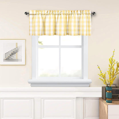 Amzdecor Yellow White Buffalo Plaid Valance Linen Sheer Cafe Curtain Buffalo Check Plaid Rod Pocket Rustic Farmhouse Kitchen Window Treatment for Living Room Bedroom,1 Panel,55''x15'',Yellow and White
