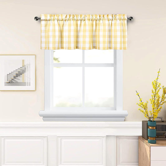Amzdecor Yellow White Buffalo Plaid Valance Linen Sheer Cafe Curtain Buffalo Check Plaid Rod Pocket Rustic Farmhouse Kitchen Window Treatment for Living Room Bedroom,1 Panel,55''x15'',Yellow and White