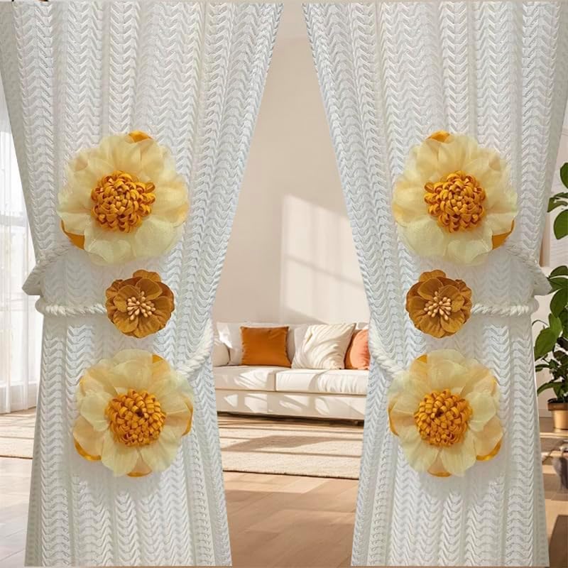 2 Packs Flower Curtain Buckle,Handmade Artificial Flower Curtain Holdbacks Clips,Flexible Curtain Tiebacks Clips Elegant Decorative for Living Room Bedroom(Yellow)
