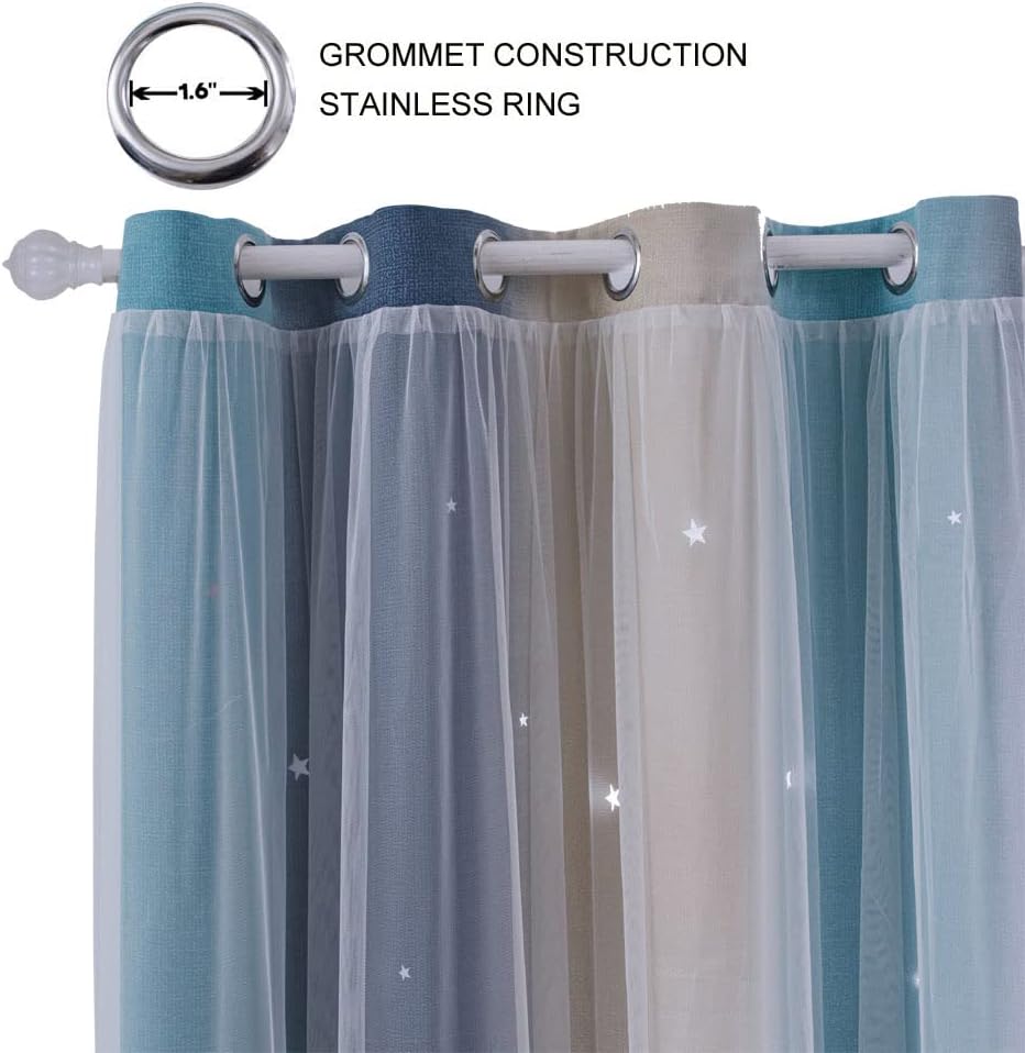 Ombre Rainbow Blackout Curtains for Kid Girls Bedroom Living Room Darking Stripe Double Layer Star Cut Out Wall Home Decor Gradient Grommet Window Curtains （Yellow Blue 52W x 84L