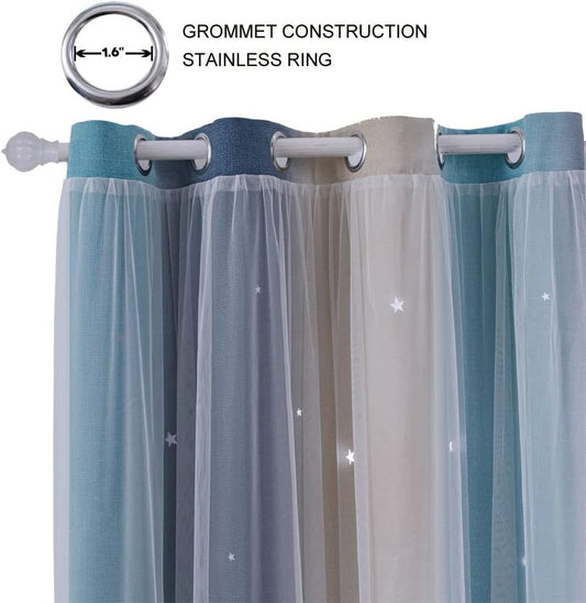 Ombre Rainbow Blackout Curtains for Kid Girls Bedroom Living Room Darking Stripe Double Layer Star Cut Out Wall Home Decor Gradient Grommet Window Curtains （Yellow Blue 52W x 84L