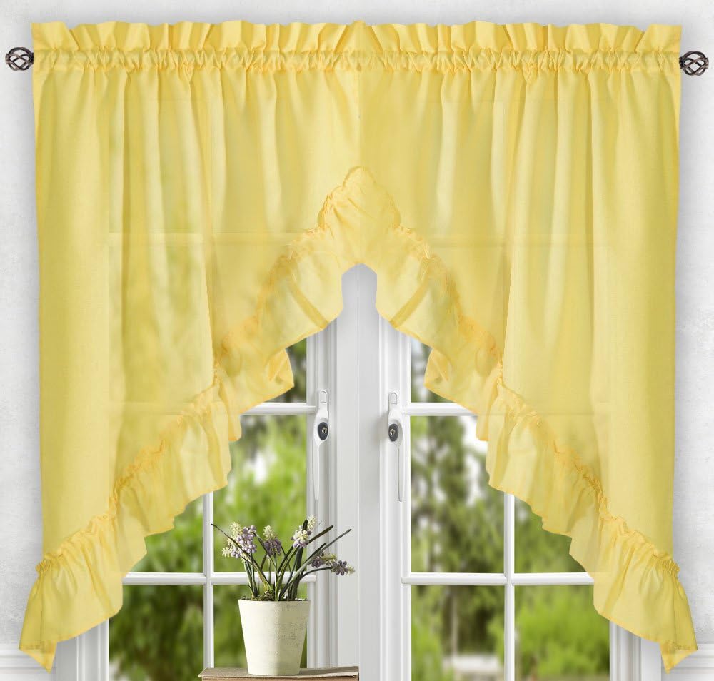 Ellis Curtain Stacey Sheer Tailored Tier Pair Curtains, 56" x 45", Yellow