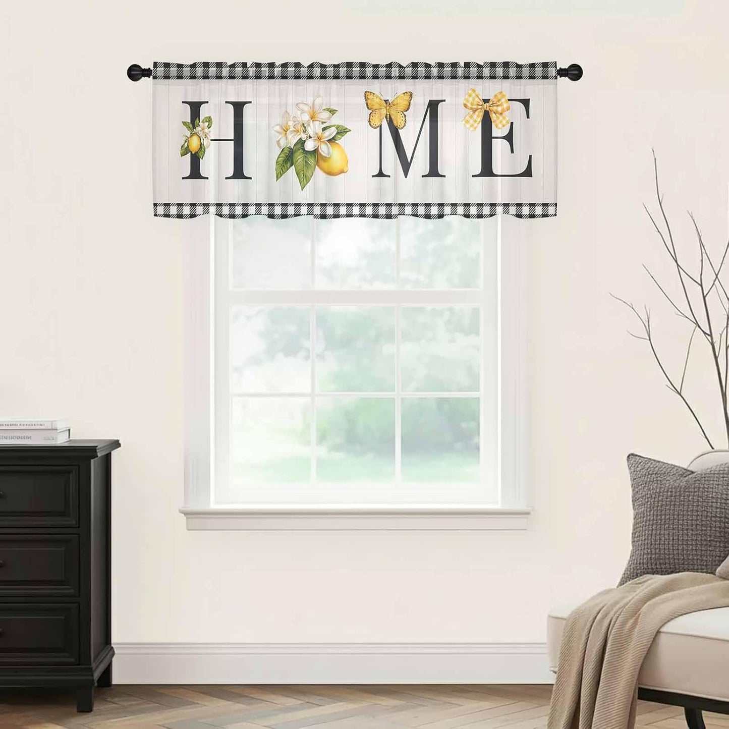 Farmhouse Lemon Sheer Curtains Valances for Windows Black Yellow Floral Buffalo Plaid Gray Chiffon Kitchen Valances for Cafe, Voile Window Treatments Curtains for Living Room Bedroom, 54"x18"