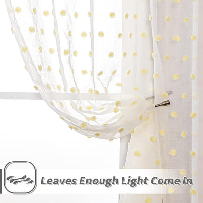 MYSKY HOME Pom Pom Sheer Curtains Rod Pocket Voile Sheer Drapes Window Curtains, 52"W x 72"L (Pack of 2), Yellow Pom Pom, Modern, All Season, Bedroom, Living Room, Nursery Room