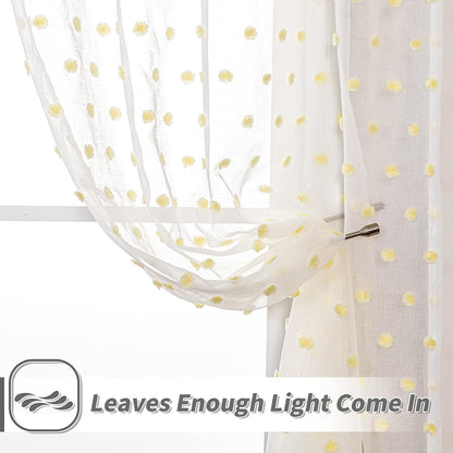 MYSKY HOME Pom Pom White Sheer Curtains for Girls Bedroom Mustard Yellow Curtains for Nursery 84 Inch Long Living Room Curtains 2 Panels Light Filtering Rod Pocket Window Drapes 52 x 84 inch