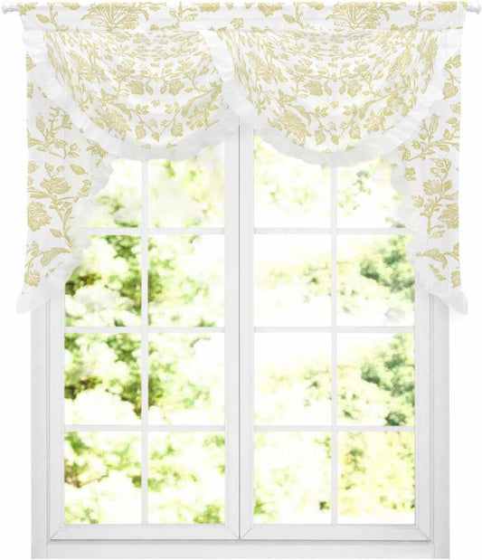 Yellow Flower Swag Waterfall Valances for Living Room Bedroom Kitchen Windows,Vintage Farmhouse Boho Leaf Spring Plant Semi-Sheer Rod Pocket Curtains Light-filtering Drape with Lace,59"Wx41.3"L
