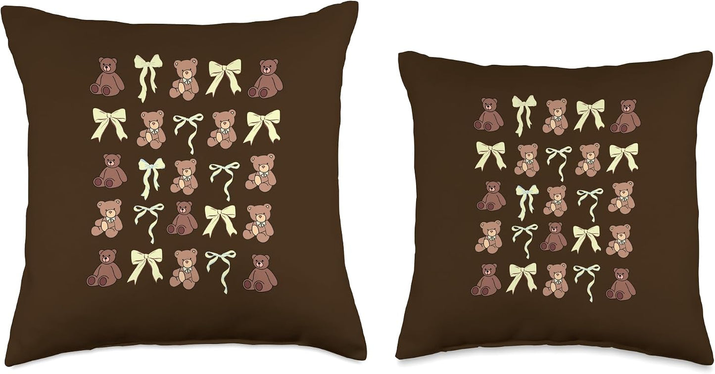 Preppy Teddy Bears Yellow Bows Coquette Girly Aesthetic Throw Pillow