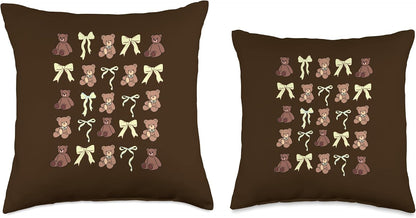 Preppy Teddy Bears Yellow Bows Coquette Girly Aesthetic Throw Pillow