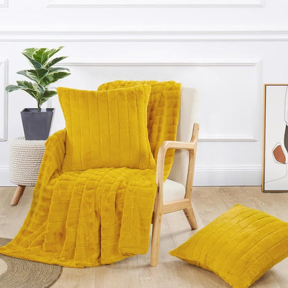 Super Soft & Cozy Faux Fur Throw Blanket with Two Matching Pillow Covers 60" X 80" | Subtle Stripe Pattern Plush Velvety Silky Touch Lemon Yellow Color Outdoor Luxury Winter Couch Sofa Livingroom