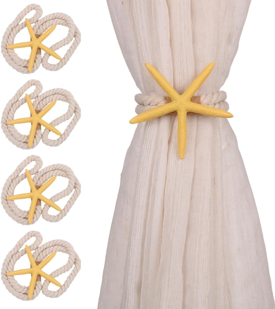 4PCS Starfish Curtain Tiebacks - Hand-Woven Rope Tiebacks for Indoor & Outdoor Decor, Perfect for Coastal Bedroom Curtains & Living Room Window Decor (Yellow)