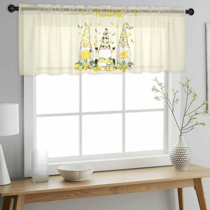 Lemon Dwarf Sheer Valance Curtains, Welcome Green Leaf Summer Yellow Background Light Filtering Kitchen Valances Rod Pocket Voile Curtain Window Treatment for Bedroom/Living Room/Basement 54Wx18L