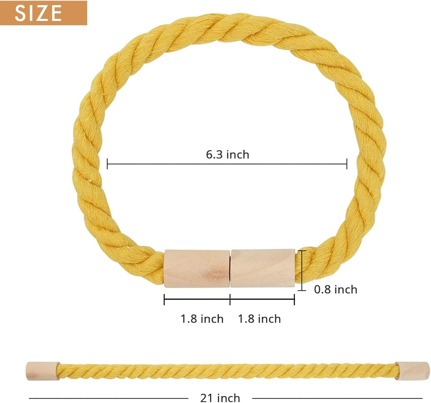 NICEEC 2 Pack Wooden Magnetic Curtain Tiebacks Boho Home Decoration Drape Tie Backs Natural Cotton Handmade Rope Curtain Holdbacks for Thin or Thick Home & Office Window Drapery (Yellow)