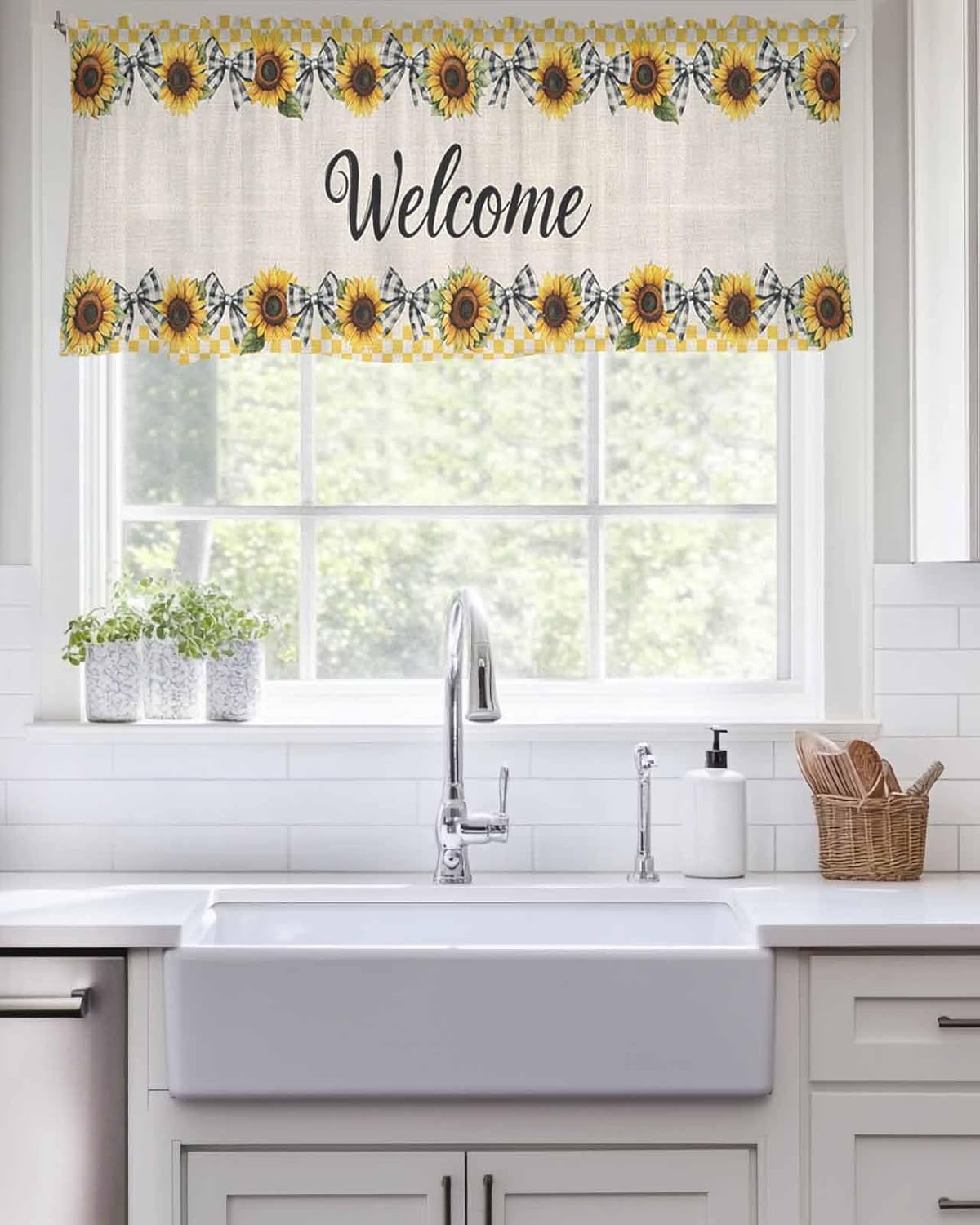 Sunflower Sheer Valance Curtains, Welcome Bow Yellow Buffalo Plaid Rustic Linen Light Filtering Kitchen Valances Rod Pocket Short Voile Curtains for Bedroom/Living Room/Basement 42Wx12L