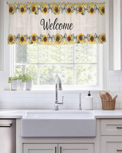 Sunflower Sheer Valance Curtains, Welcome Bow Yellow Buffalo Plaid Rustic Linen Light Filtering Kitchen Valances Rod Pocket Short Voile Curtains for Bedroom/Living Room/Basement 42Wx12L