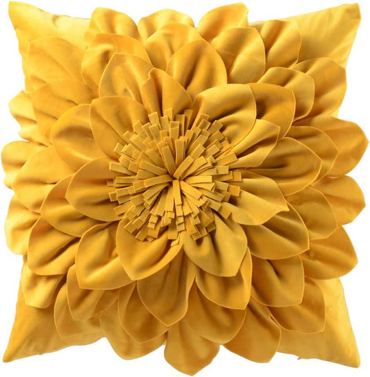 OiseauVoler Decorative 3D Throw Pillow Covers Aesthetic Yellow 18x18 Inch | 3D Floral Handmade Pillowcases Cushion Covers Soft Velvet for Couch Bed Living Room Home Decor Unique Pet Dog Hair Resistant
