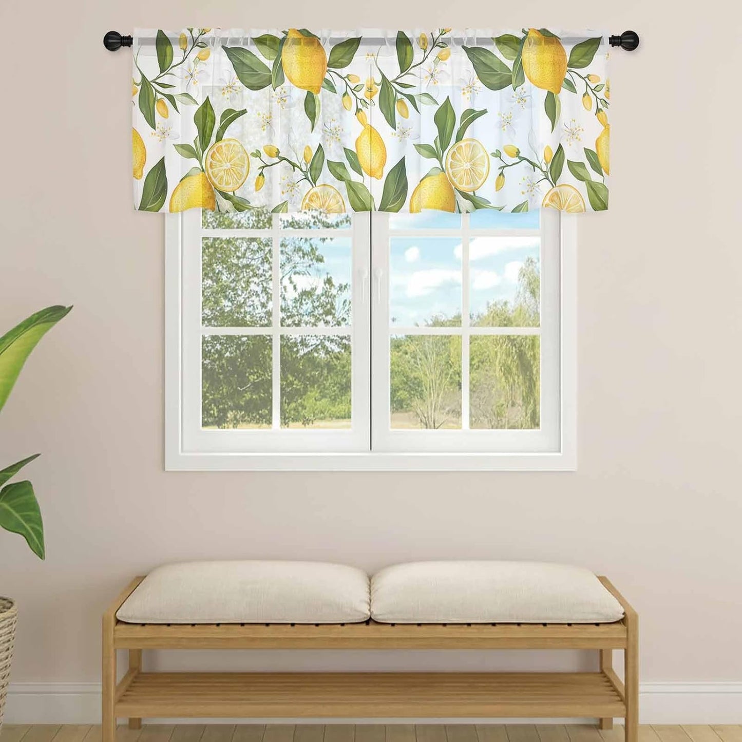 Lemon Summer Sheer Curtain 18 Inch Long Floral Lemon Yellow Green Light Filtering Rod Pocket Voile Curtain Valance for Bedroom Kitchen Cafe Window 54" W x 18" L