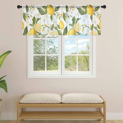 Lemon Summer Sheer Curtain 18 Inch Long Floral Lemon Yellow Green Light Filtering Rod Pocket Voile Curtain Valance for Bedroom Kitchen Cafe Window 54" W x 18" L
