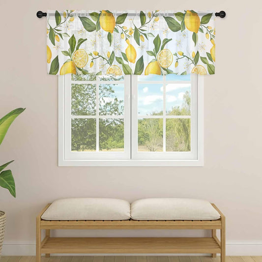 Lemon Summer Sheer Curtain 18 Inch Long Floral Lemon Yellow Green Light Filtering Rod Pocket Voile Curtain Valance for Bedroom Kitchen Cafe Window 54" W x 18" L