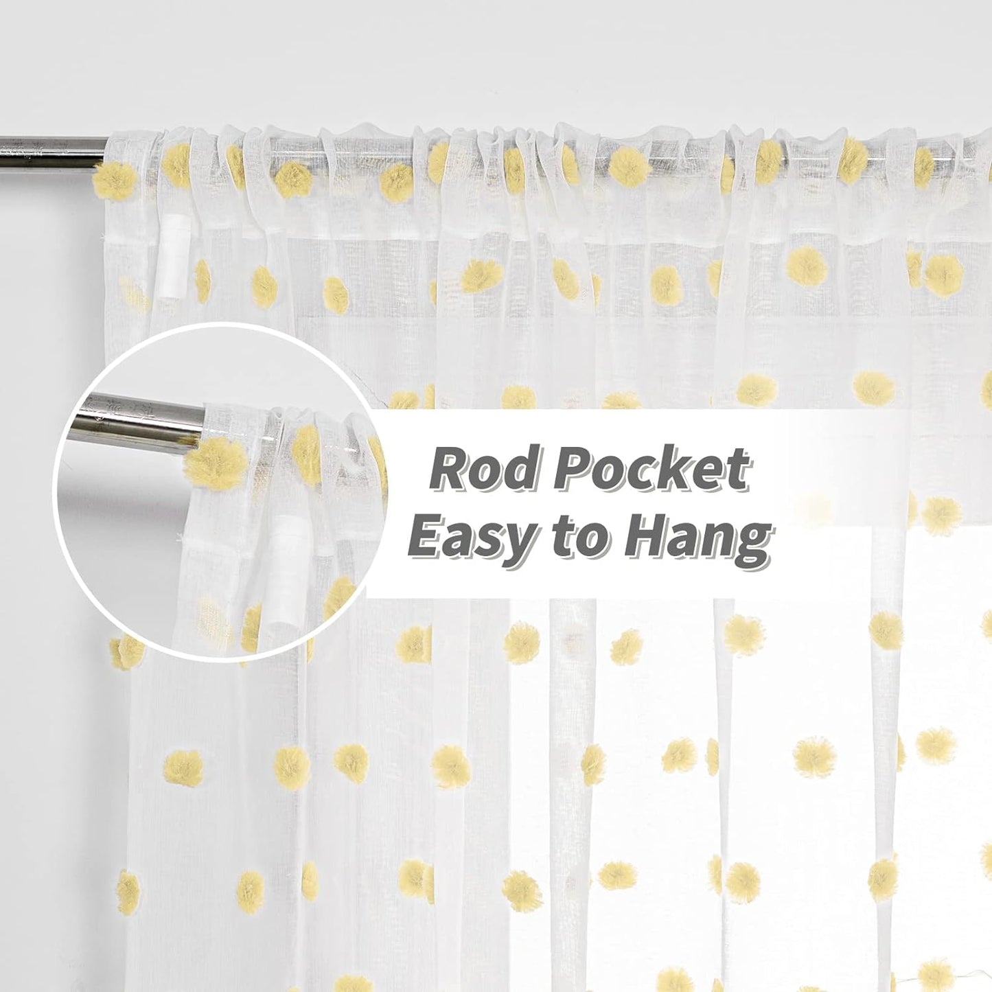 MYSKY HOME Pom Pom Sheer Curtains Rod Pocket Voile Sheer Drapes Window Curtains, 52"W x 72"L (Pack of 2), Yellow Pom Pom, Modern, All Season, Bedroom, Living Room, Nursery Room