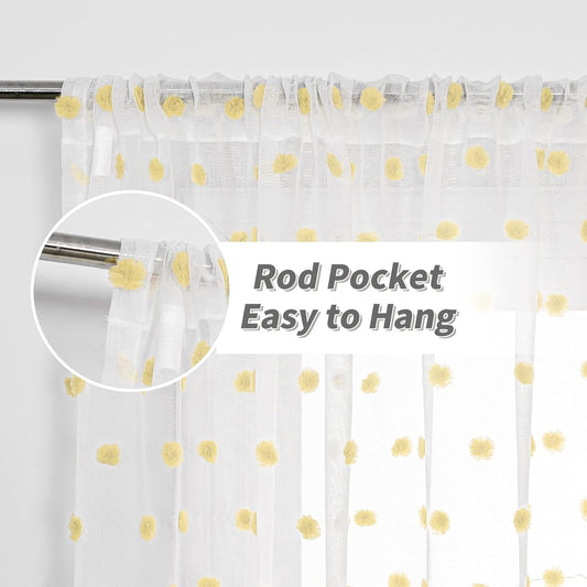MYSKY HOME Pom Pom White Sheer Curtains for Girls Bedroom Mustard Yellow Curtains for Nursery 84 Inch Long Living Room Curtains 2 Panels Light Filtering Rod Pocket Window Drapes 52 x 84 inch