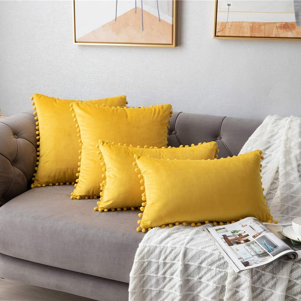 DEZENE Couch Pillow Covers 12x20 Yellow: 2 Pack Cozy Soft Pom-poms Velvet Rectangular Throw Pillow Cases for Farmhouse Home Decor