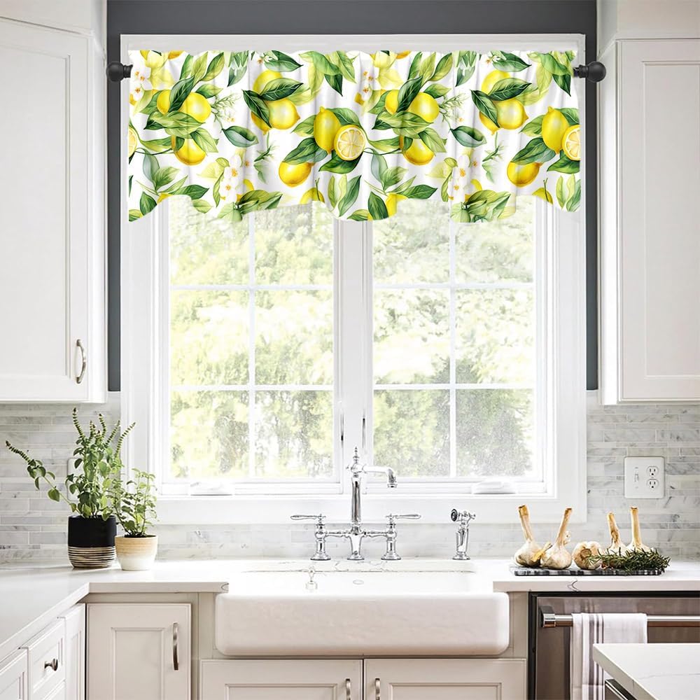 Yongqian 18x54inch Lemon Fruit Window Treatment Valance Watercolor Print Green Leaves Yellow Lemon Window Valance with Rod Pocket Kitchen Dining Room Decoration